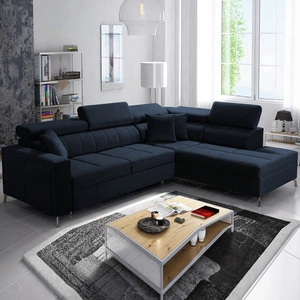 Narożnik z funkcją spania Nausa III granatowy prawostronny velvet stylowy komfortowy narożnik regulowane zagłówki pojemnik na pościel