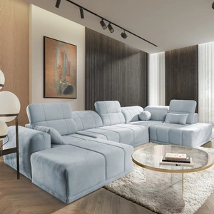 Narożnik z funkcją spania Cetara VI błękitny lewostronny komfortowy i stylowy narożnik rozkładany z przesuwanymi oparciami