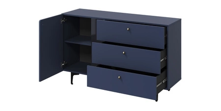 Komoda z szufladami Colours 138 cm granatowa elegancka komoda wsparta na metalowej podstawie oryginalna oraz modna kolorystyka