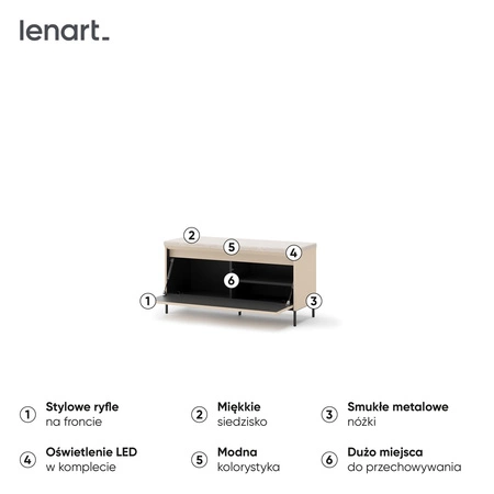 Szafka na buty Trend 101 cm beżowa praktyczna szafka z tapicerowanym siedziskiem funkcjonalny dodatek do przedpokoju oświetlenie LED