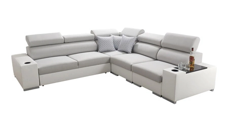 Narożnik z funkcją spania Provo III szary / biały prawostronny narożnik z pojemnikiem na pościel i regulowanymi zagłówkami