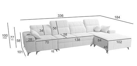 Narożnik z funkcją spania Penejos XII łososiowy prawostronny stylowy narożnik z pojemnikami na pościel komfortowe regulowane zagłówki