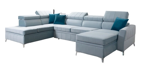 Narożnik z funkcją spania Rava VI jasny beż prawostronny praktyczny i nowoczesny narożnik wyposażony w wielofunkcyjną lampkę