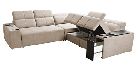 Narożnik z funkcją spania Tesalia III niebieski prawostronny komfortowy narożnik z przesuwanym oparciem dwa pojemniki na pościel