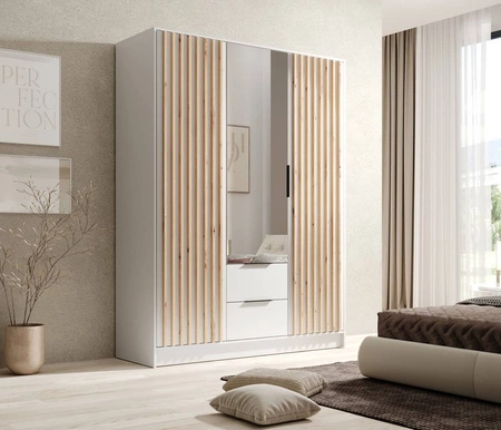 Szafa z lustrem Neri 150 cm biała stylowe lamele zdobiące drzwi szafy pojemne szuflady uchwyty krawędziowe