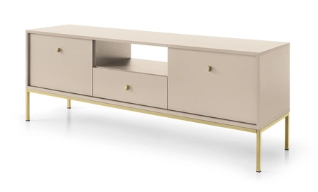 Szafka RTV Mono 154 cm beżowa minimalistyczny design prosta forma wzbogacona o metalowe złote elementy stylowy uchwyt