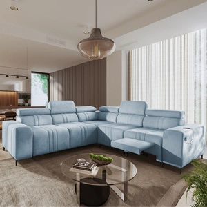 Narożnik z funkcją spania Castel III Lux błękitny prawostronny niezwykle komfortowy narożnik do salonu z wysuwanym podnóżkiem