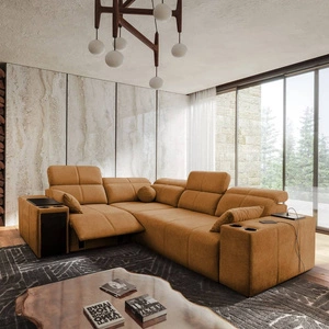 Narożnik z funkcją spania Tesalia II Lux miodowy lewostronny wygodny narożnik z przesuwanym oparciem oraz wysuwanym podnóżkiem