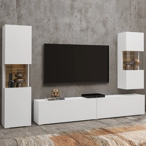 Meblościanka Ava biała / dąb wotan z możliwością powieszenia wyjątkowo stylowa meblościanka elementy z szkła hartowanego