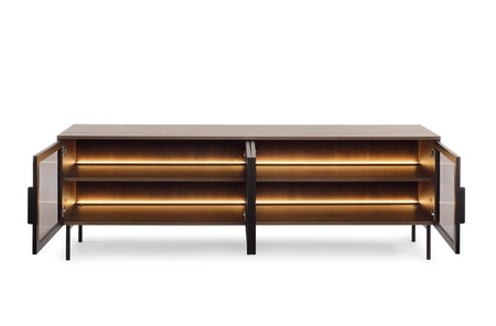 Szafka RTV Lumi 181 cm dąb dunin designerska stylistyka szafki pod telewizor z przeszklonymi frontami i klimatycznym oświetleniem ledowym