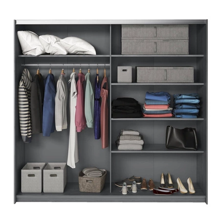 Szafa przesuwna Galaxy 221 cm dąb carbon pojemna szafa z lustrem w nowoczesnej formie wyposażona w aluminiowe prowadnice drzwi