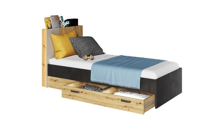 Łóżko Qubic 90x200 cm dąb artisan / raw steel / silk flou wygodne łóżko z szufladą wysoki zagłówek z oświetleniem LED i półką