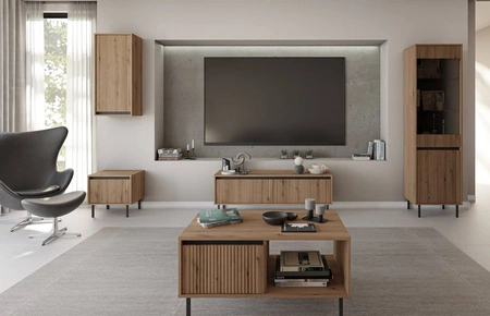 Szafka RTV Osaka 140 cm dąb evoke / czarna prosta bryła w modnej kolorystyce idealna do wnętrz w stylu japońskim gustowny ryflowany front