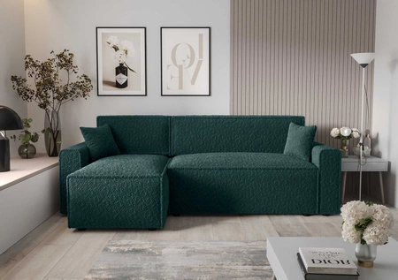 Narożnik z funkcją spania Brandon Bis turkusowy lewostronny miękka tkanina o charakterystycznej pętelkowej powierzchni pojemnik na pościel