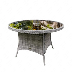 Stół ogrodowy Moderno 120 cm jasny szary stylowy design okrągły stół ogrodowy szklany blat wykonanie z wytrzymałego technorattanu