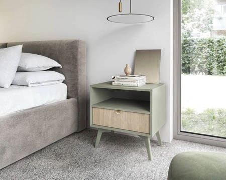 Szafka nocna Wald eukaliptus / beż jodełka z szufladą idealna szafka do sypialni gustowny dekor jodełki na froncie szuflady