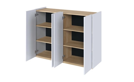 Komoda Easy 126 cm biały połysk / dąb scandi elegancka komoda z delikatnie obniżonym blatem doskonała do nowoczesnych wnętrz