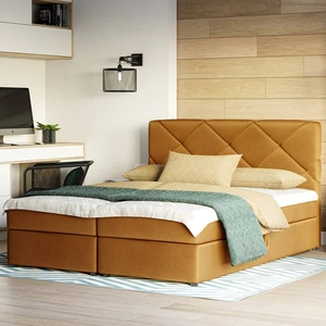 Łóżko kontynentalne Luton 160x200 musztardowe w nowoczesnym skandynawskim stylu z charakterystycznym zagłówkiem