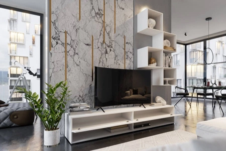 Meblościanka Nestorio biała / biały połysk stylowy design meblościanki wpisujący się w każde wnętrze szafka RTV z możliwością powieszenia