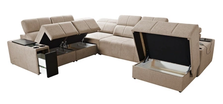 Narożnik z funkcją spania Tesalia VIII miodowy prawostronny komfortowy narożnik do salonu z innowacyjną funkcją przesuwanego oparcia