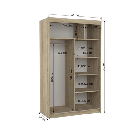 Szafa przesuwna Benisso 120 cm dąb sonoma jasny funkcjonalna szafa do sypialni fronty wykończone poziomymi srebrnymi listwami