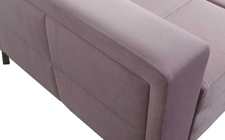 Narożnik z funkcją spania Nausa III pudrowy róż prawostronny velvet stylowy komfortowy narożnik regulowane zagłówki pojemnik na pościel