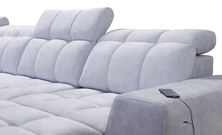 Narożnik z funkcją spania Luigi VI granatowy prawostronny stylowy narożnik rozkładany z pojemnikami na pościel pokryty miękką tkaniną