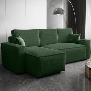 Narożnik z funkcją spania Nelo zielony lewostronny praktyczny i nowoczesny narożnik pokryty sztruksową tkaniną pojemnik na pościel