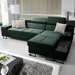 Narożnik z funkcją spania Alcamo zielony prawostronny elegancki i stylowy narożnik z dostawką praktyczna szuflada w boczku mebla