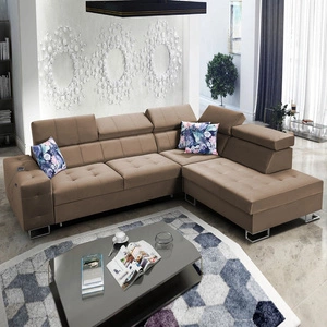 Narożnik z funkcją spania Hampton VII jasny brąz prawostronny narożnik do pokoju wykonany z aksamitnej tkaniny o gładkiej powierzchni