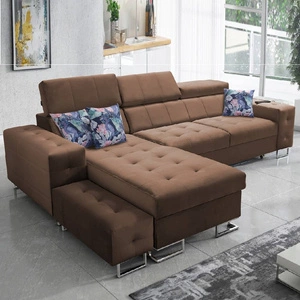 Narożnik z funkcją spania Hampton jasny brąz lewostronny stylowe pikowania na siedzisku miękka tkanina obiciowa narożnik z dostawką