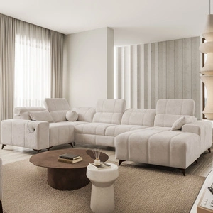 Narożnik z funkcją spania Penejos IV beżowy prawostronny stylowy narożnik rozkładany z dwoma pojemnikami na pościel trwała tkanina