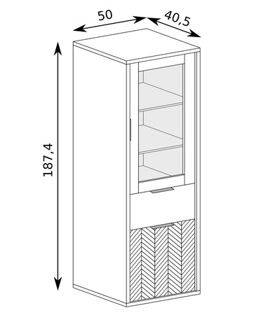 Witryna Fonti 50 cm dąb karmel witryna z szufladą front ozdobiony dekorem jodełki elementy z bezpiecznego szkła stylowe czarne uchwyty