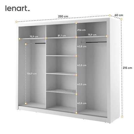Szafa przesuwna z lustrem Arti 250 cm biała pojemna szafa do sypialni przedpokoju lub garderoby drzwi szafy wykończone dużymi lustrami