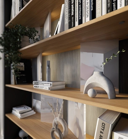 Regał Fitt 125 cm grafit / dąb / szary połysk nowoczesny regał do biura lub salonu bryła wyposażona w klimatyczne oświetlenie LED