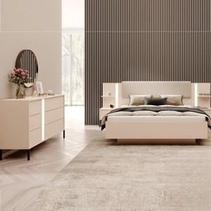 Zestaw mebli do sypialni Beloit beżowy nowoczesna forma pionowe podświetlenie LED komplet mebli do sypialni system push to open