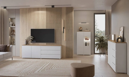 Witryna niska Modo 80 cm biała / dąb mauvella elegancka witryna prosta bryła idealna do każdego wnętrza elementy z bezpiecznego szkła hartowanego