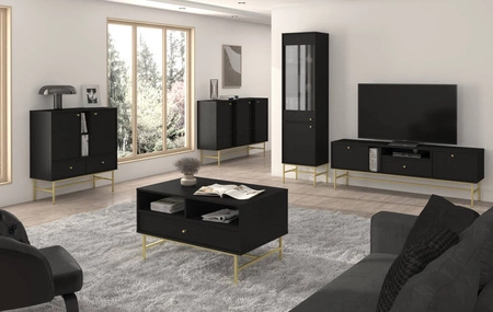 Zestaw mebli do salonu Kioto III czarny grafit stylowy design elegancka meblościanka wzbogacona stabilnym złotym stelażem