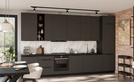 Zestaw mebli kuchennych Aversa Bl 390 cm stylowe szafki kuchenne z frontami wykonanymi w technologii anti fingerprint metalowe uchwyty