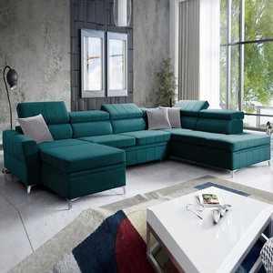 Narożnik z funkcją spania Rava VI lazurowy lewostronny praktyczny i nowoczesny narożnik wyposażony w wielofunkcyjną lampkę