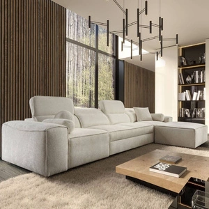 Narożnik z funkcją spania Viano XII kremowy prawostronny stylowy narożnik o ciekawym kształcie regulowane zagłówki ozdobne poduszki