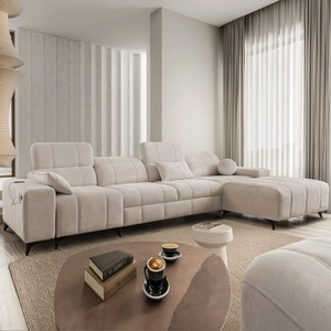 Narożnik z funkcją spania Penejos XII beżowy prawostronny stylowy narożnik z pojemnikami na pościel komfortowe regulowane zagłówki