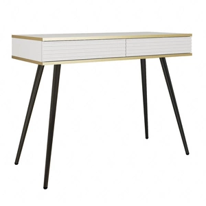 Konsola Luxury biała z szufladami elegancka toaletka z ryflowanymi frontami wysokie czarne nogi korpus zwieńczony złotą listwą