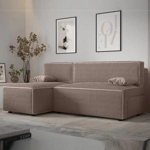 Narożnik z funkcją spania Brandon jasny brąz lewostronny trójwymiarowa tkanina o wyrazistych prążkach pojemnik na pościel