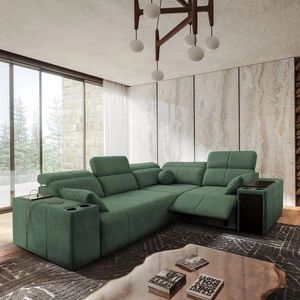 Narożnik z funkcją spania Tesalia II Lux miętowy prawostronny wygodny narożnik z przesuwanym oparciem oraz wysuwanym podnóżkiem