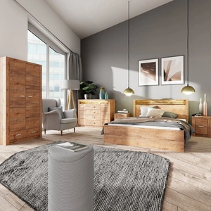 Zestaw mebli do sypialni Indiana jesion jasny gustowna stylistyka mebli ozdobna deska na frontach oświetlona LED subtelne srebrne uchwyty