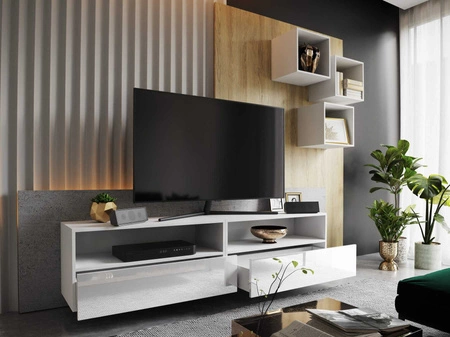 Meblościanka Nero biała / biały połysk nowoczesna meblościanka do salonu praktyczny system otwierania szuflad push to open