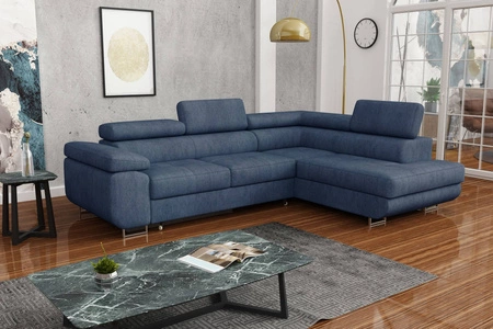 Narożnik z funkcją spania Ganta niebieski jeans prawostronny nowoczesna tkanina welurowa gwarantuje najwyższy komfort i funkcjonalność