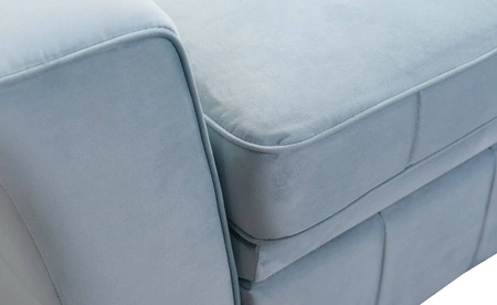 Narożnik z funkcją spania Rava II jasny beż prawostronny velvet komfortowy narożnik z pojemnikiem na pościel wielofunkcyjna lampka