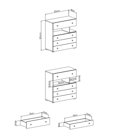 Komoda z szufladami Epsilon 85 cm beton / biała / dąb idealna do pokoju młodzieżowego funkcjonalna i pojemna